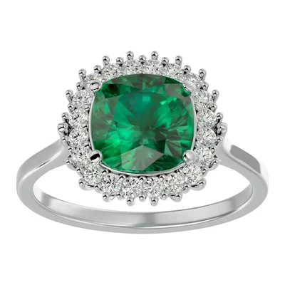 Sselects 2 1/2 Carat Cushion Cut Emerald And Halo Diamond Ring In 14k White Gold In Green