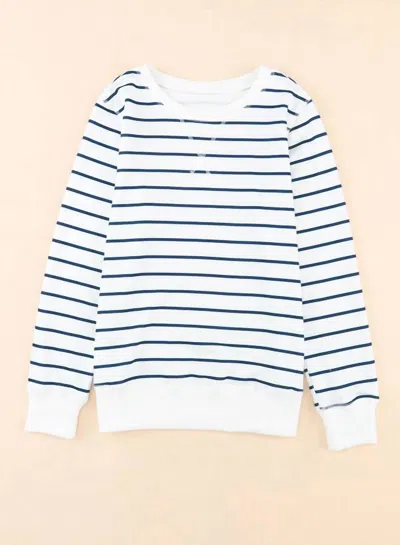 Dear Lover Round Neck Striped Ribbed Trim Long Sleeve To In Blue In White