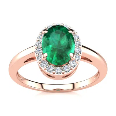 Sselects 1 Carat Oval Shape Emerald And Halo Diamond Ring In 14k Rose Gold In Green