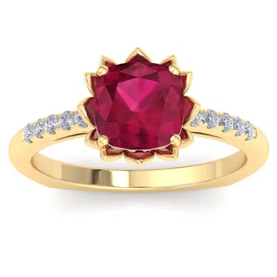 Sselects 1 1/2 Carat Cushion Cut Ruby And Diamond Ring In 14k Yellow Gold In Red