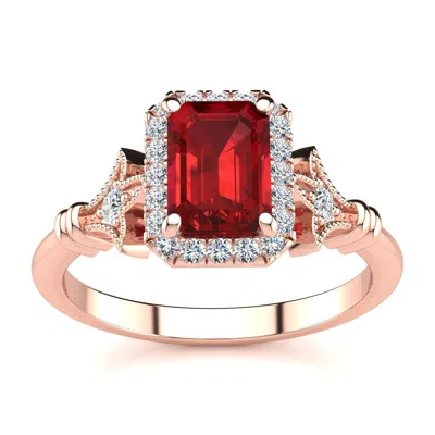 Sselects 1 1/4 Carat Ruby And Halo Diamond Vintage Ring In 14 Karat Rose Gold In Red