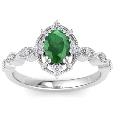 Sselects 1 Carat Emerald And Halo Diamond Ring In 14k White Gold In Green