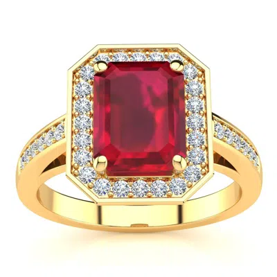 Sselects 3 1/3 Carat Ruby And Halo Diamond Ring In 14 Karat Yellow Gold In Red