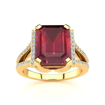 Sselects 4 3/4 Carat Ruby And Halo Diamond Ring In 14 Karat Yellow Gold In Red