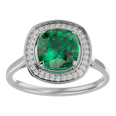Sselects 2 1/4 Carat Cushion Cut Emerald And Halo Diamond Ring In 14k White Gold In Green