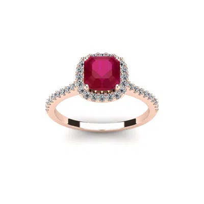Sselects 1 3/4 Carat Cushion Cut Ruby And Halo Diamond Ring In 14k Rose Gold In Red