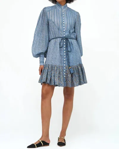 Oliphant High Neck Button Mini Dress In Peri/aspen In Blue