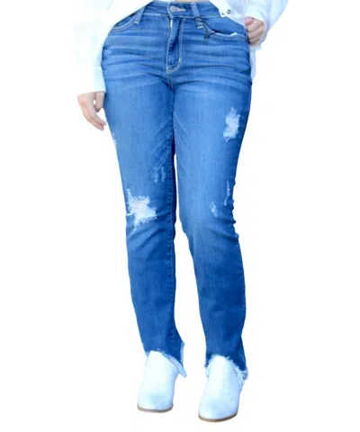 Judy Blue Distressed Shark Bite Slim Fit Jeans In Medium Wash In Blue