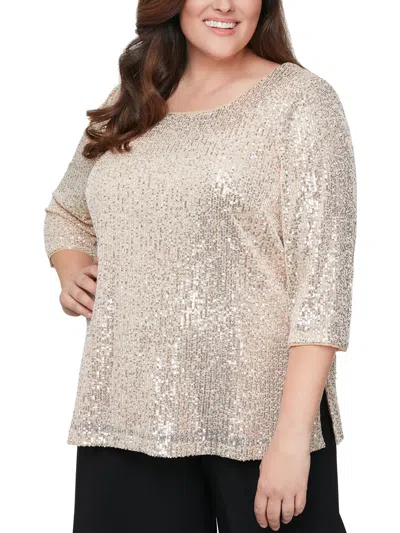 Alex Evenings Plus Womens Sequined Wideneck Blouse In Silver