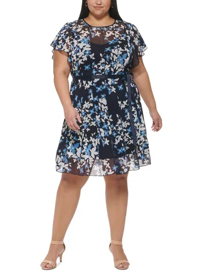 Jessica Howard Plus Womens Chiffon Short Fit & Flare Dress In Multi