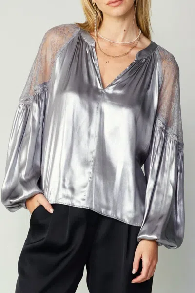 Current Air Metallic Lace Shoulder Blouse In Siver In Silver