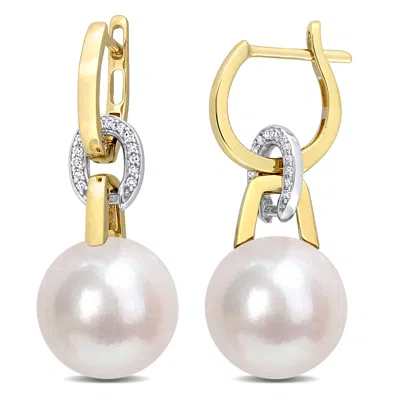 Mimi & Max 11 12mm Cultured Freshwater Pearl & 1/10ct Tdw Diamond Earrings In 14k Yellow And White Gold