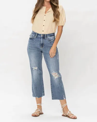 Judy Blue High Rise Destroyed Crop Wide Leg Jeans In Mid Wash In Blue