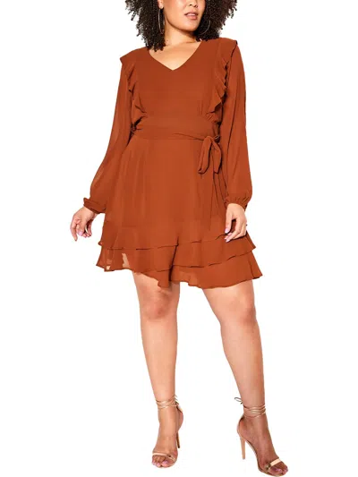 City Chic Plus Womens Party Short Fit & Flare Dress In Brown