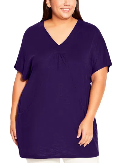 Avenue Plus Womens Short Sleeve V-neck Tunic Top In Purple