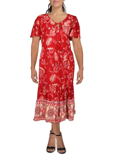 Avenue Plus Zara Womens Floral Flutter Sleeves Midi Dress In Red