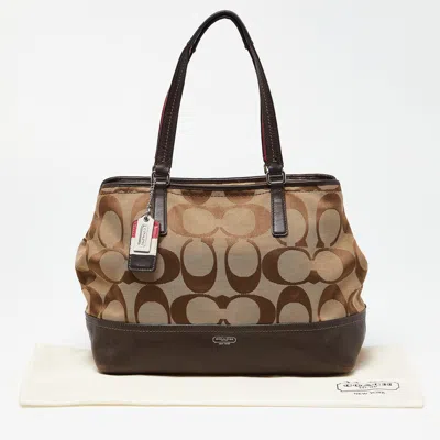 Coach Brown/beige Signature Canvas And Leather Hamptons Weekend Tote