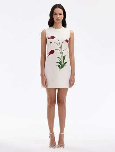 Oscar De La Renta Tulip-printed Stretch-wool Mini Dress In Ivory/red