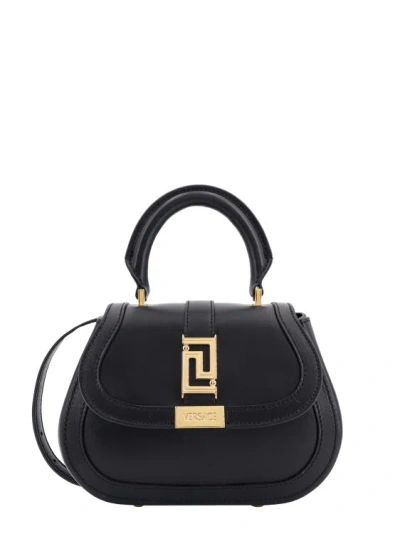 Versace Leather Handbag With Frontal La Greca Detail In Black