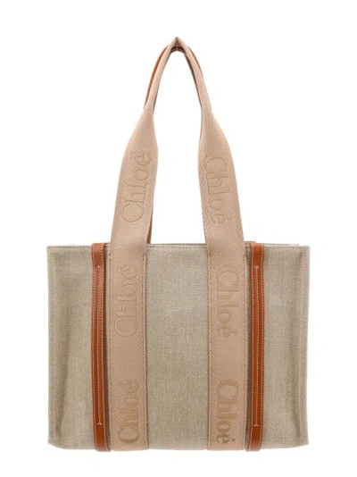 Chloé Linen And Leather Shoulder Bag With Embroidered Logo In Neutrals