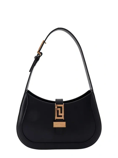 Versace Leather Shoulder Bag With Iconic La Greca Detail In Black