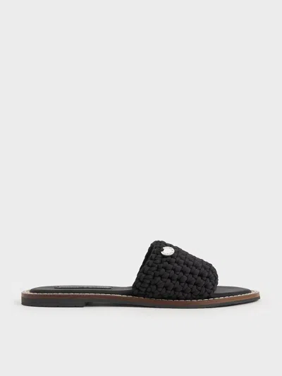 Charles & Keith Woven Slide Sandals In Black Textured