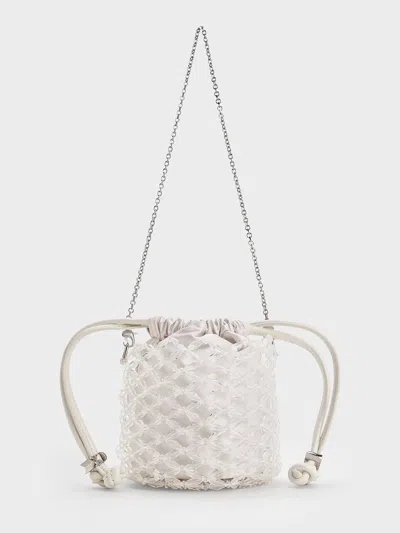 Charles & Keith Beaded Chain-handle Bucket Bag In Neutral