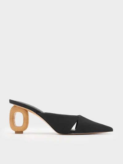Charles & Keith Linen Cut-out Sculptural-heel Mules In Black Textured