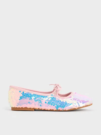 Charles & Keith Girls' Sequin Two-tone Bow Ballet Flats In Pink