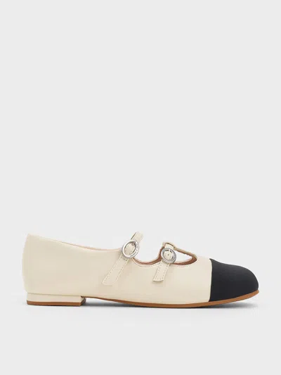 Charles & Keith Girls' Double-strap Two-tone Mary Janes In Chalk