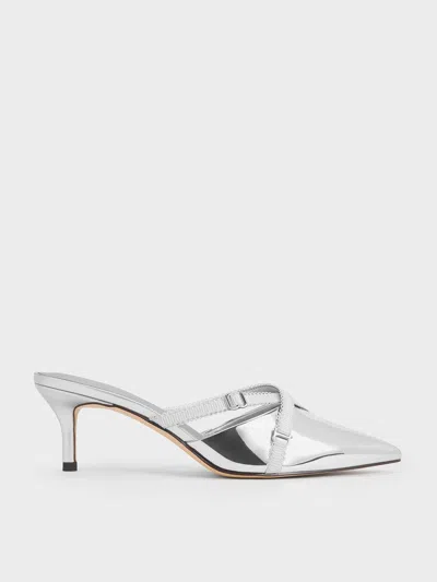 Charles & Keith Metallic Grosgrain-strap Pointed-toe Mules In Silver