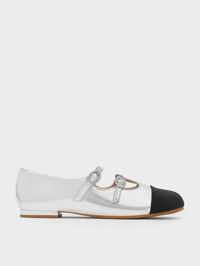Charles & Keith Girls' Metallic Double-strap Two-tone Mary Janes In Silver