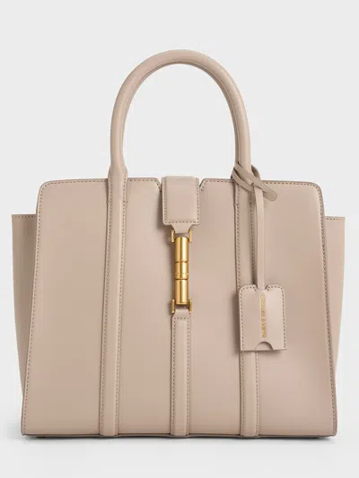 Charles & Keith Large Cesia Metallic Accent Tote Bag In Taupe