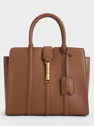 Charles & Keith Large Cesia Metallic Accent Tote Bag In Chocolate
