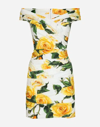 Dolce & Gabbana Short Draped Cotton Dress With Yellow Rose Print In プリ