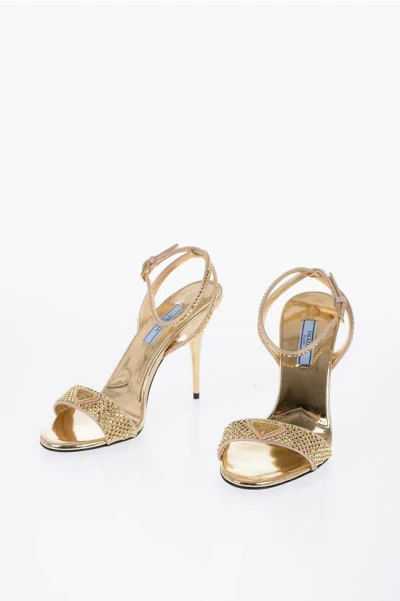 Prada Allover Rhinestone Sandals Heel 10 Cm In Gold