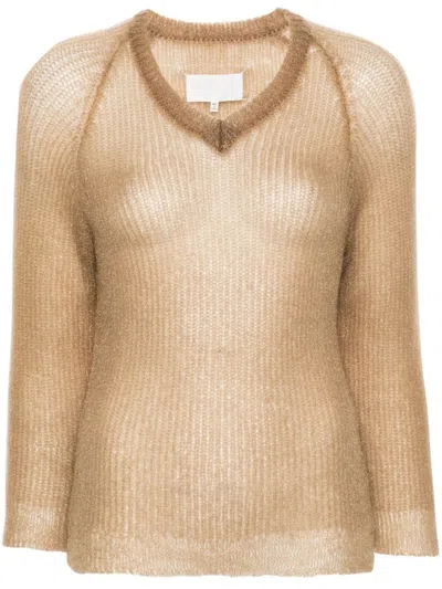 Maison Margiela Semi-sheer V-neck Jumper In Light Brown