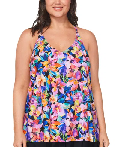 Island Escape Plus Size Floral Print Tankini Top Tummy Control Swim Skirt Created For Macys In Black