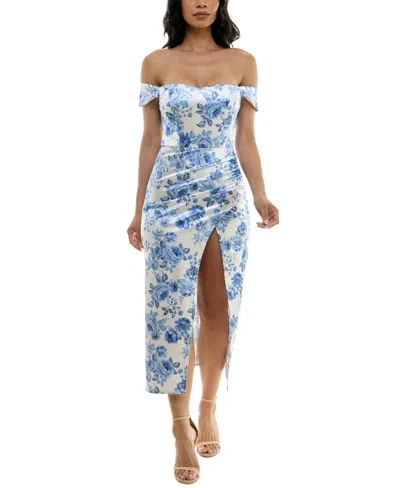 Speechless Juniors' Floral-print Ruched Midi Dress In Ivory Denim
