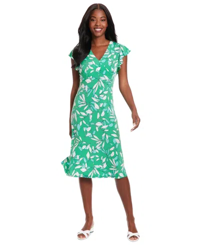 London Times Petite Flutter-sleeve Midi Dress In Green Mult