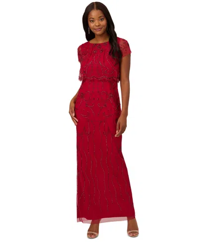 Adrianna Papell Petite Beaded Scalloped-popover Gown In Cranberry