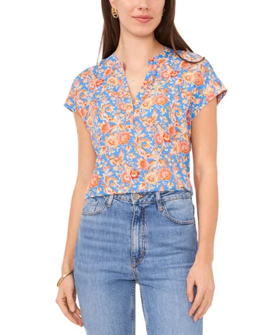 Vince Camuto Women's Floral Split-neck Short-sleeve Top In French Blue Floral
