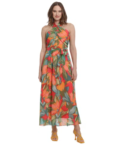 London Times Petite Printed Wrap-neck Maxi Dress In Gold Jade