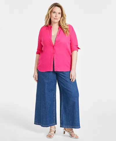 On 34th Trendy Plus Size Button-front Crepe Shirt, Created For Macy's In Fuchsia Purple