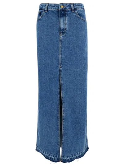 Philosophy Di Lorenzo Serafini Maxi Light Blue Skirt With Split And Logo Embroidery In Cotton Blend Denim Woman