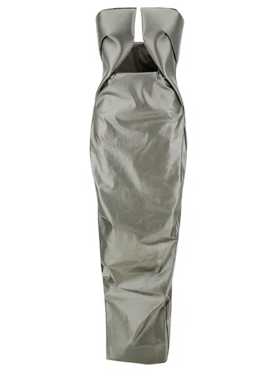 Rick Owens 'prown' Maxi Silver Dress With Cut-out Detail In Stretch Cotton Woman In Grey