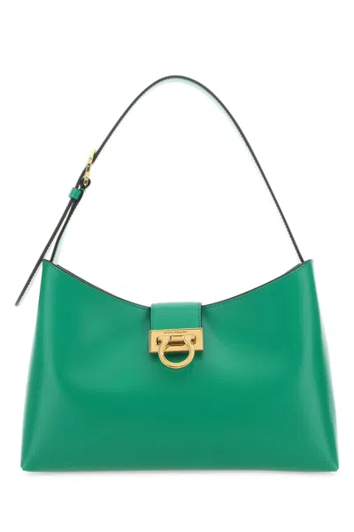 Ferragamo Emerald Green Leather Trifolio Shoulder Bag In Smeraldo