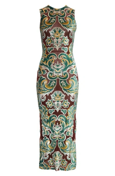 Etro Sleeveless Damask-print Fitted Midi Dress In Burgundy