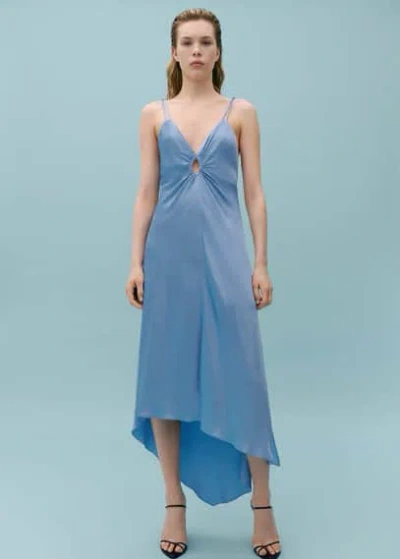 Mango Asymmetrical Satin Dress With Gathered Opening Sky Blue