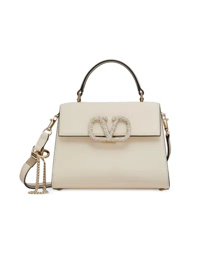 Valentino Garavani Vsling Mini Leather Top-handle Bag In Light Ivory Crystal